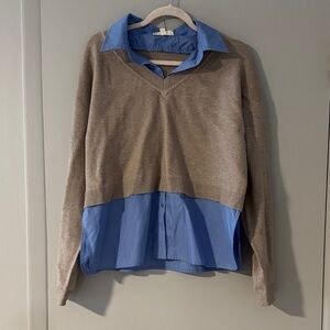 Entro Beige V-Neck Sweater with Blue Layer